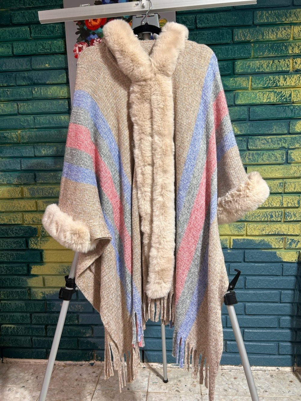 Faux Fur Trim Striped Knit Poncho - Beige with Pastel Stripes OS